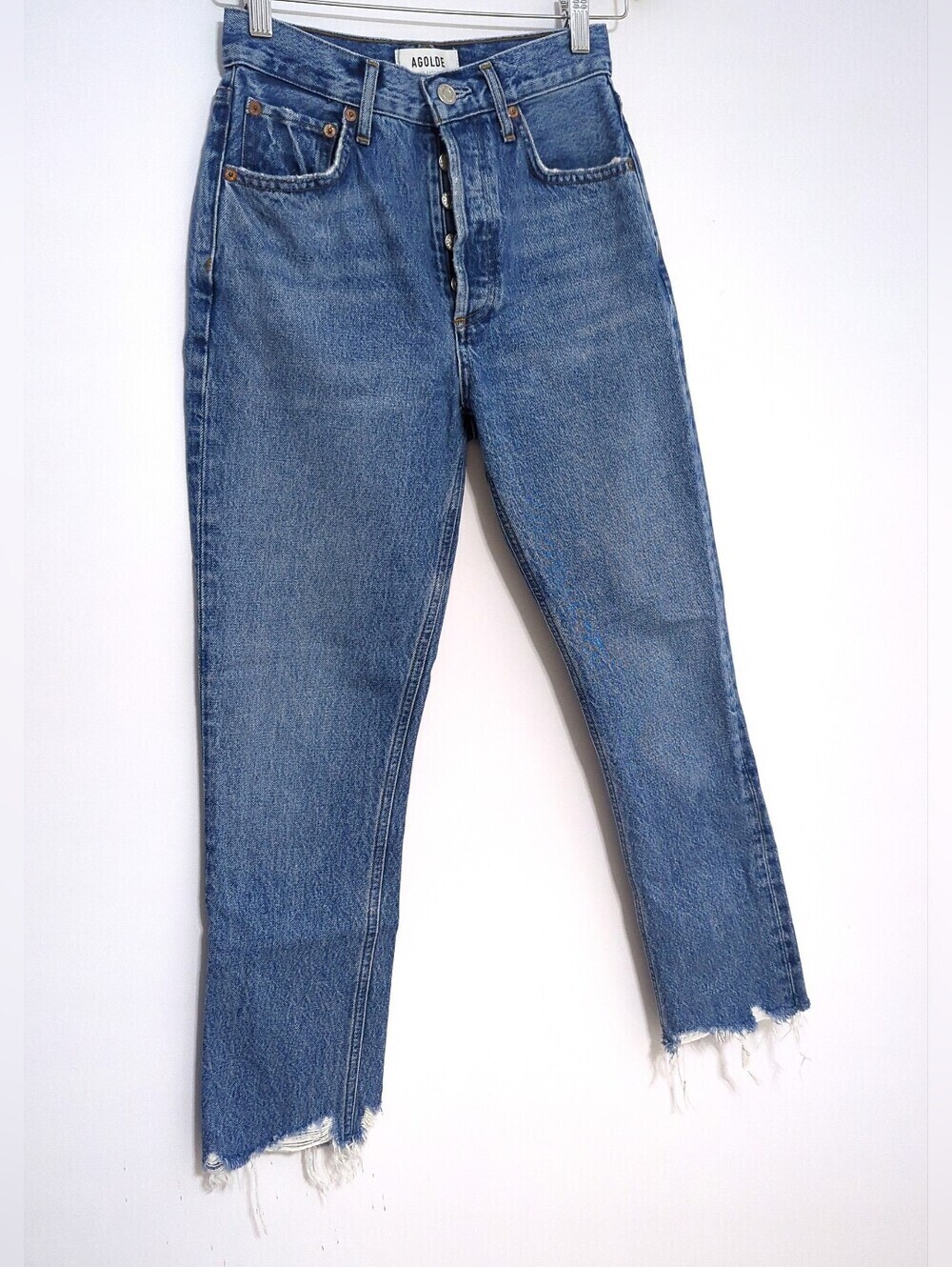AGOLDE Riley High Rise Straight Crop Jeans 24 Medium Wash Raw Hem Button Fly - Picture 4 of 7